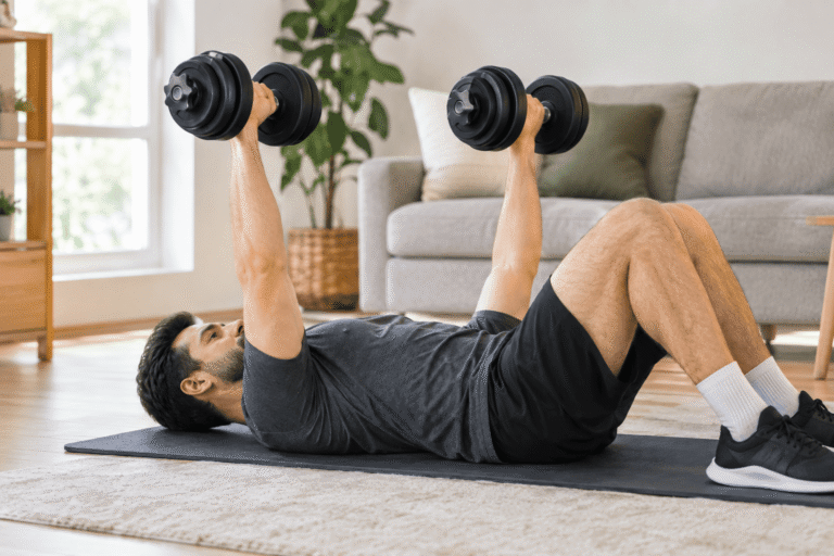 Man doing a dumbbell floor press on a mat in his living room as part of a push day workout at home