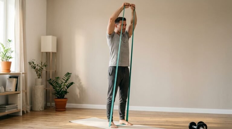 Man doing an overhead band extension during a resistance band tricep workout
