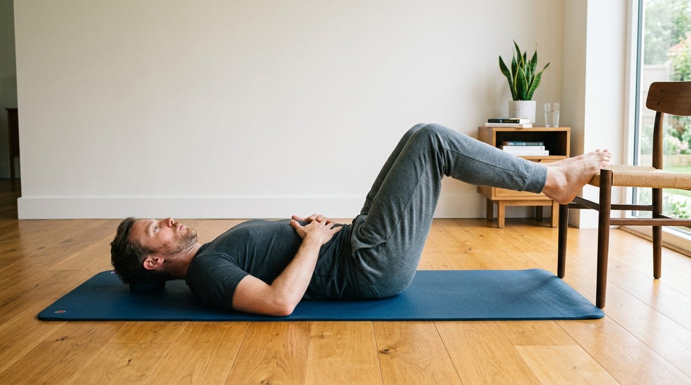 Man lying on his back with feet on a chair in the 90-90 breathing position, hands resting on his lower ribs