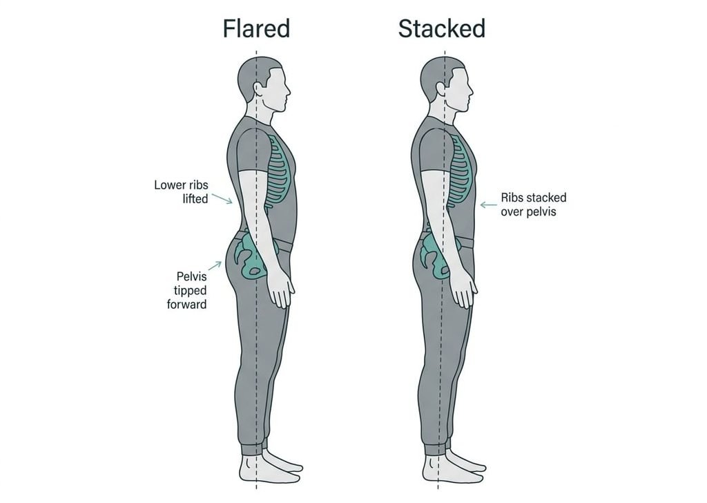 Diagram comparing a flared ribcage with an arched lower back against a stacked ribcage over a neutral pelvis