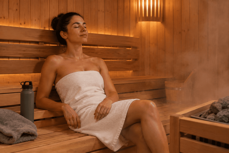 Person relaxing on the lower bench of a wooden sauna with a water bottle after a workout