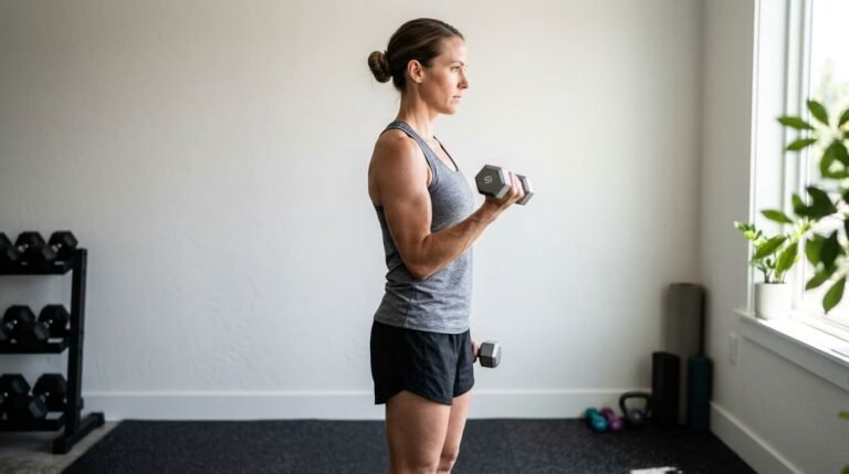 Woman doing a single-arm dumbbell hammer curl with a neutral grip and elbow fixed at her side