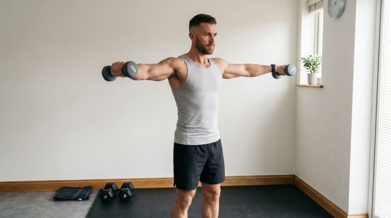 Man performing a dumbbell lateral raise at home during a shoulder and bicep workout