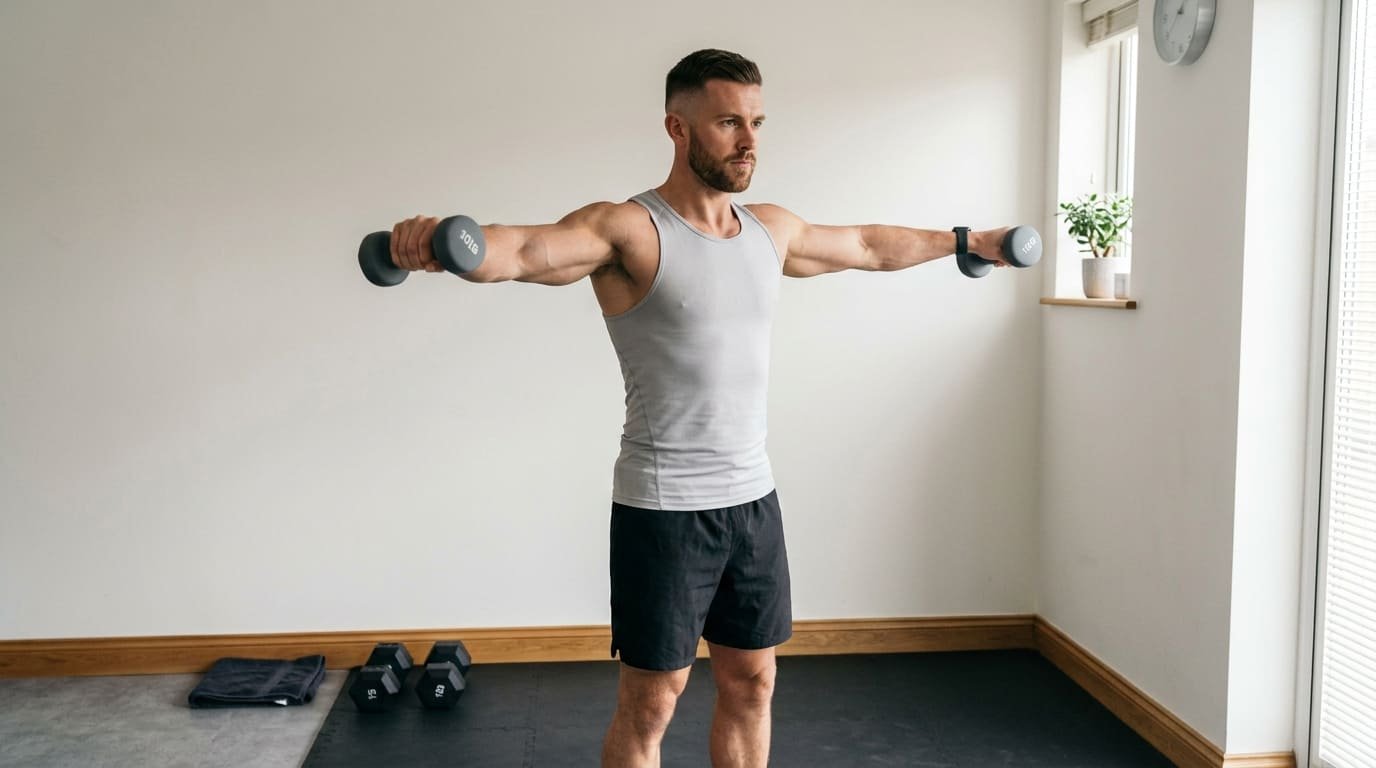 Man performing a dumbbell lateral raise at home during a shoulder and bicep workout