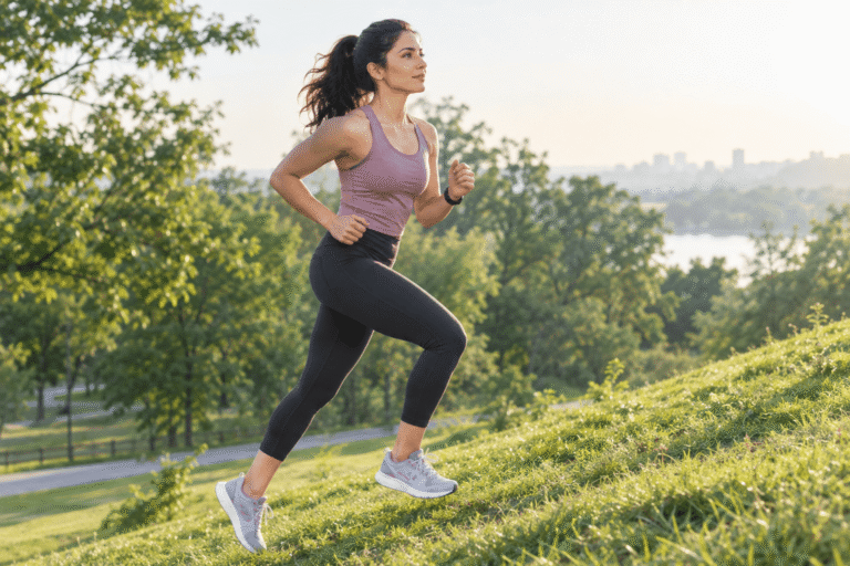 Woman doing a hill sprint on a grassy slope in a park