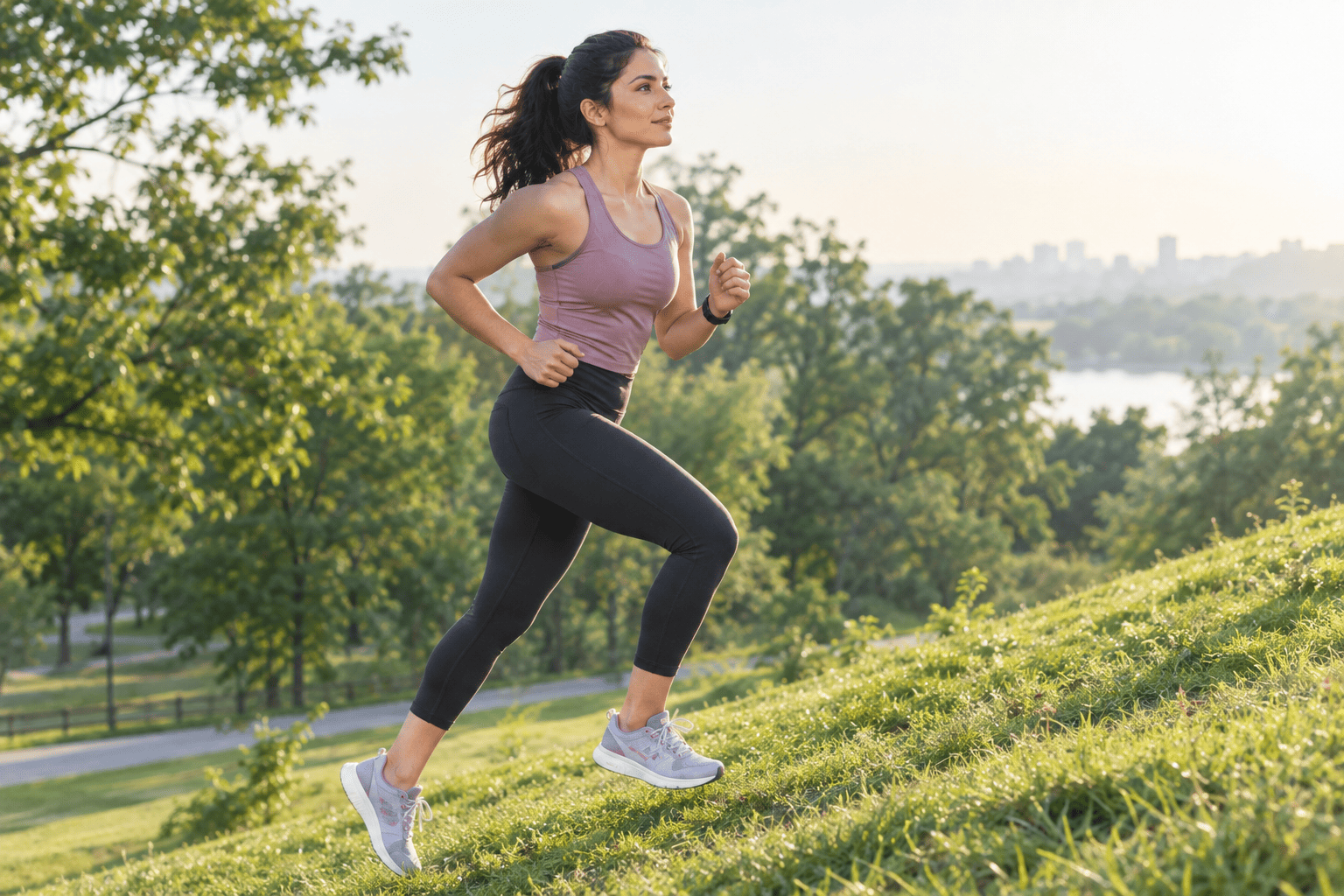 Woman doing a hill sprint on a grassy slope in a park