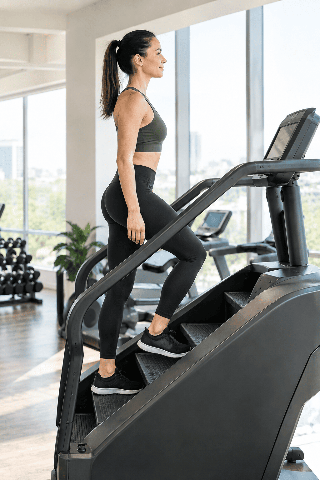 Woman using a StairMaster with her hands off the handrails and an upright posture