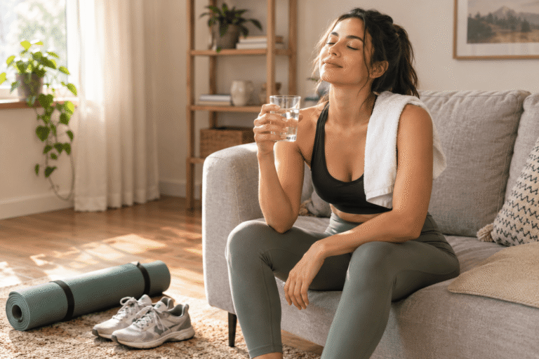 Woman resting on a sofa with a glass of water after a home workout
