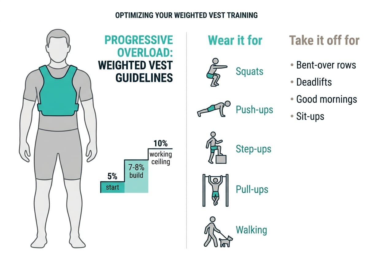 Infographic showing weighted vest loading percentages and which exercises to wear a vest for or take it off for
