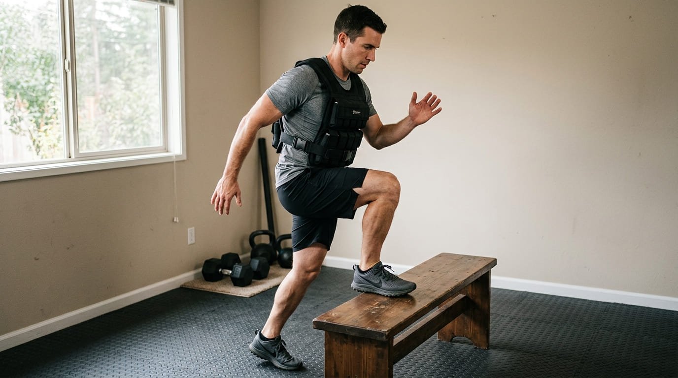 Man wearing an adjustable weighted vest performing a step-up onto a bench in a home gym