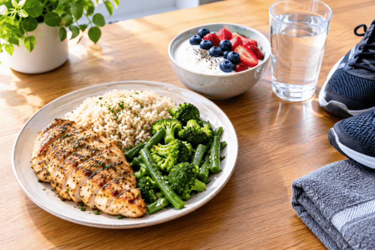 Post-workout meal of chicken, rice and vegetables with Greek yogurt and water