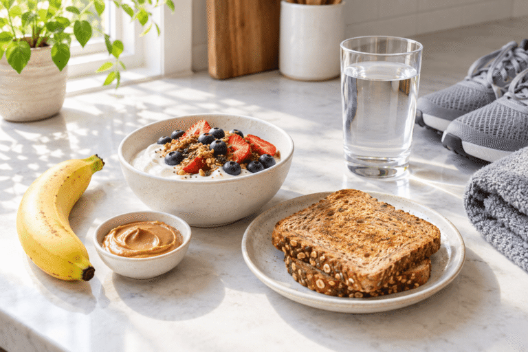 Banana with peanut butter, Greek yogurt with berries, toast and water laid out as pre-workout snacks on a kitchen counter