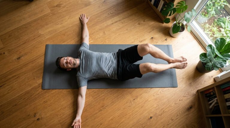 Man performing a bent-knee windshield wiper on a mat with arms out to the sides and shoulders flat