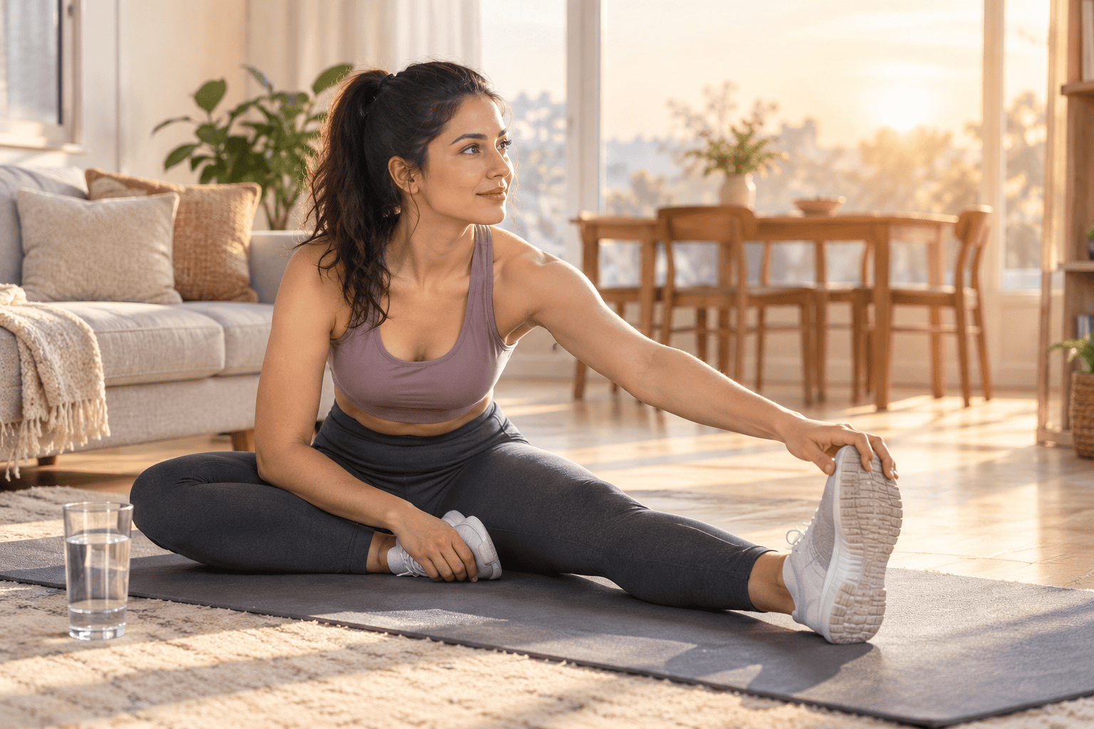 Woman stretching on a yoga mat before breakfast with a glass of water nearby