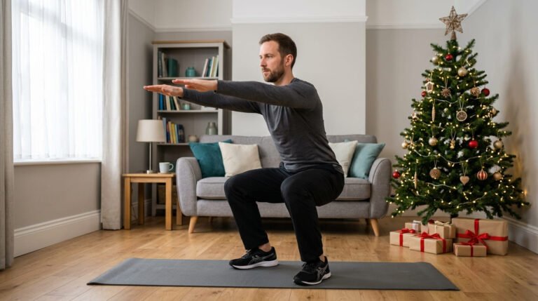 Man doing a bodyweight squat on a mat in a living room beside a decorated Christmas tree