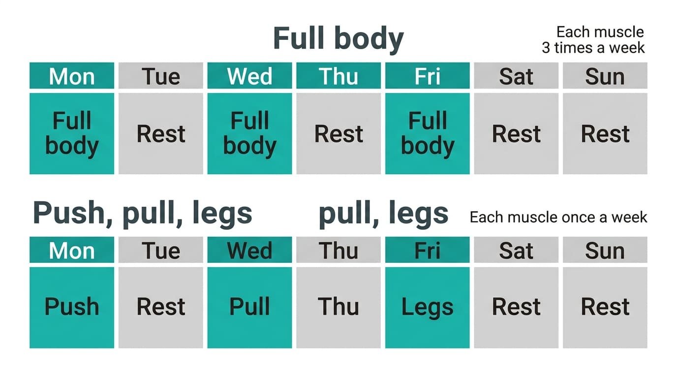 Weekly schedule comparing a full-body 3-day split, which trains each muscle three times a week, with push, pull, legs, which trains each muscle once