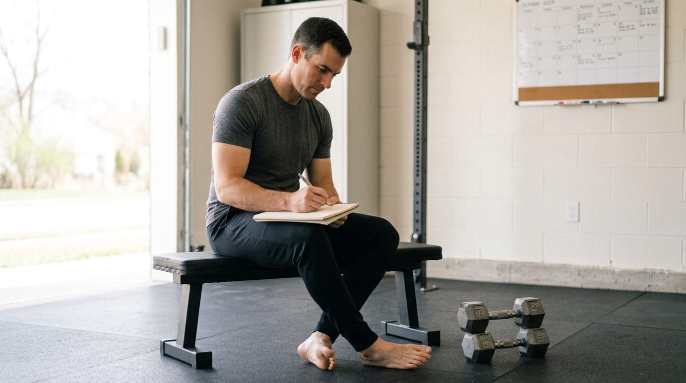 Man sitting on a bench in a garage gym writing his training plan in a notebook beside a pair of dumbbells