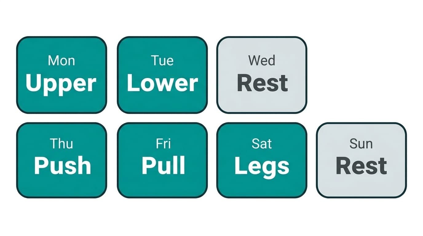 Weekly schedule for a 5-day workout split: upper on Monday, lower on Tuesday, rest on Wednesday, push on Thursday, pull on Friday, legs on Saturday and rest on Sunday