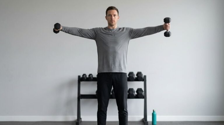 Man performing a dumbbell lateral raise with arms out to his sides in a gym