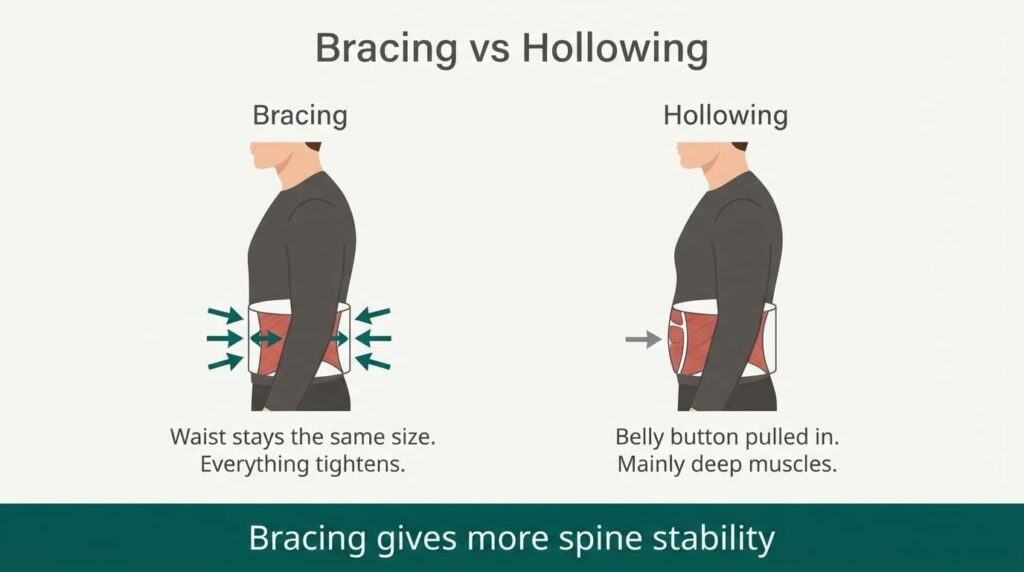 Diagram comparing abdominal bracing, where the waist stays the same size and tightens all around, with hollowing, where the belly button is drawn in