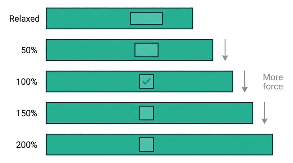 Diagram of a flat exercise band whose printed indicator changes from a rectangle to a square as it is stretched to 50, 100, 150 and 200 percent