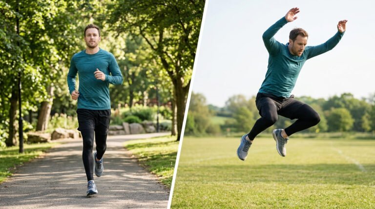 The same man jogging easily along a park path on the left and doing an explosive jump on a field on the right, showing aerobic vs anaerobic exercise