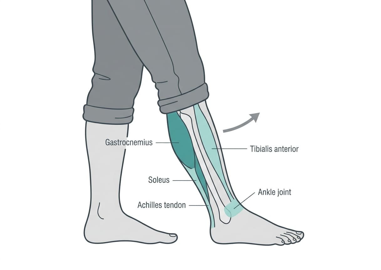 Diagram of the lower leg showing the gastrocnemius, soleus, Achilles tendon, tibialis anterior and ankle joint involved in dorsiflexion