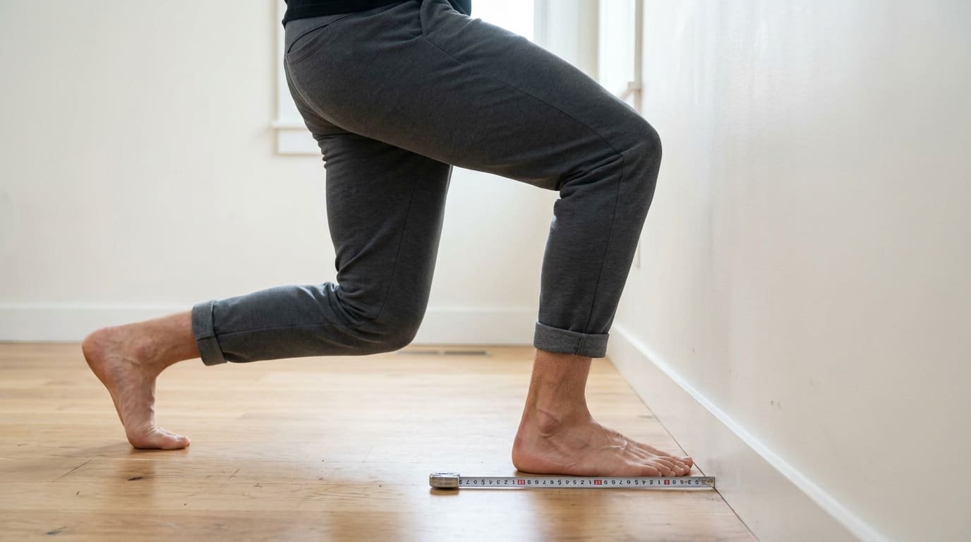 Barefoot man performing the knee-to-wall ankle dorsiflexion test with his front heel flat and a tape measure beside his foot