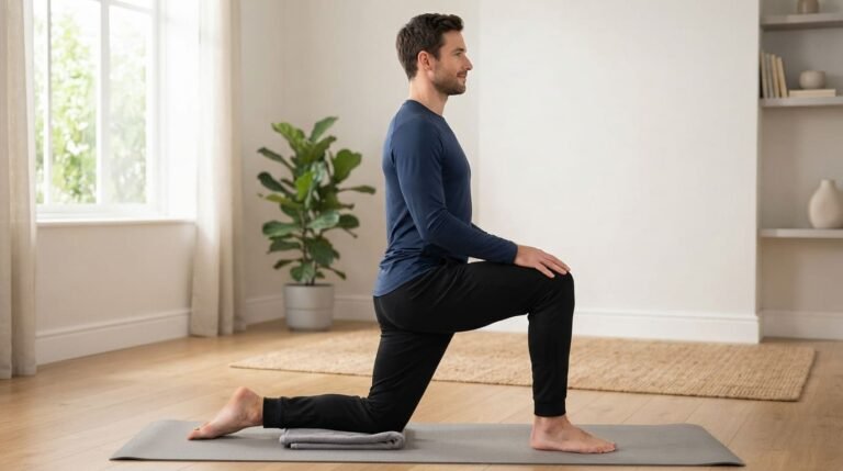 Man doing a kneeling hip flexor stretch with his pelvis tucked under, one of the key anterior pelvic tilt exercises