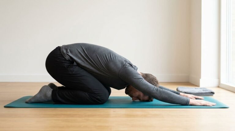 Man resting in child's pose on an exercise mat to stretch his lower back