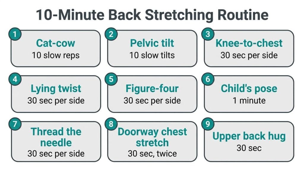 Ten-minute back stretching routine with nine stretches for the lower and upper back
