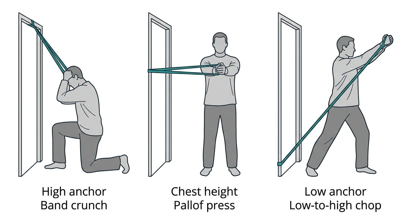 Diagram of three resistance band anchor heights for ab exercises: high for band crunches, chest height for the Pallof press, low for the low-to-high chop