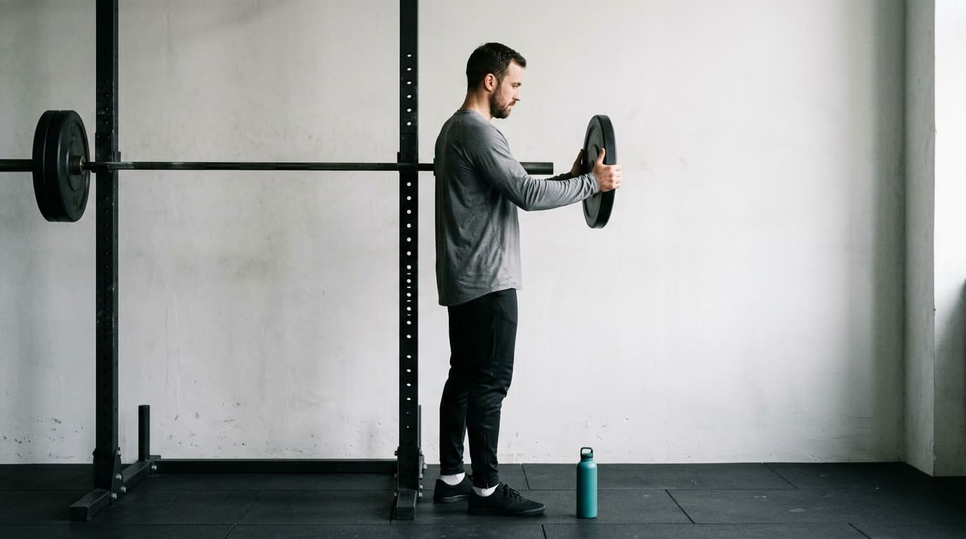 Man loading a weight plate onto a barbell in a squat rack before a beginner barbell workout