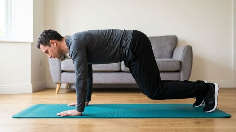 Man in the bear crawl position on a mat with knees hovering just above the floor and back flat