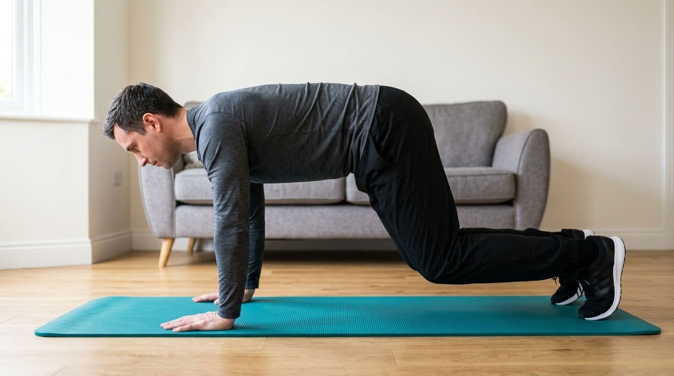 Man in the bear crawl position on a mat with knees hovering just above the floor and back flat