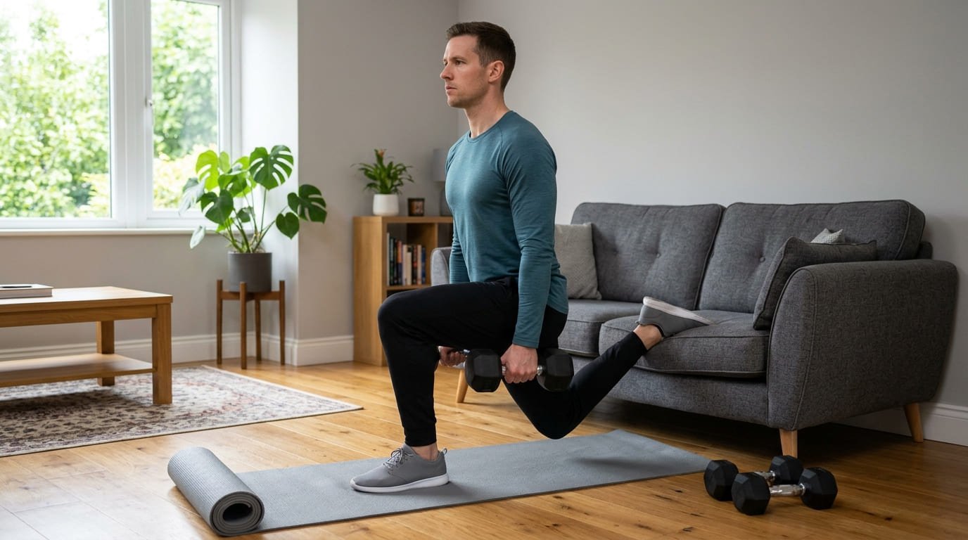 Man doing a dumbbell rear-foot-elevated split squat in his living room, one of the best exercises for strength at home