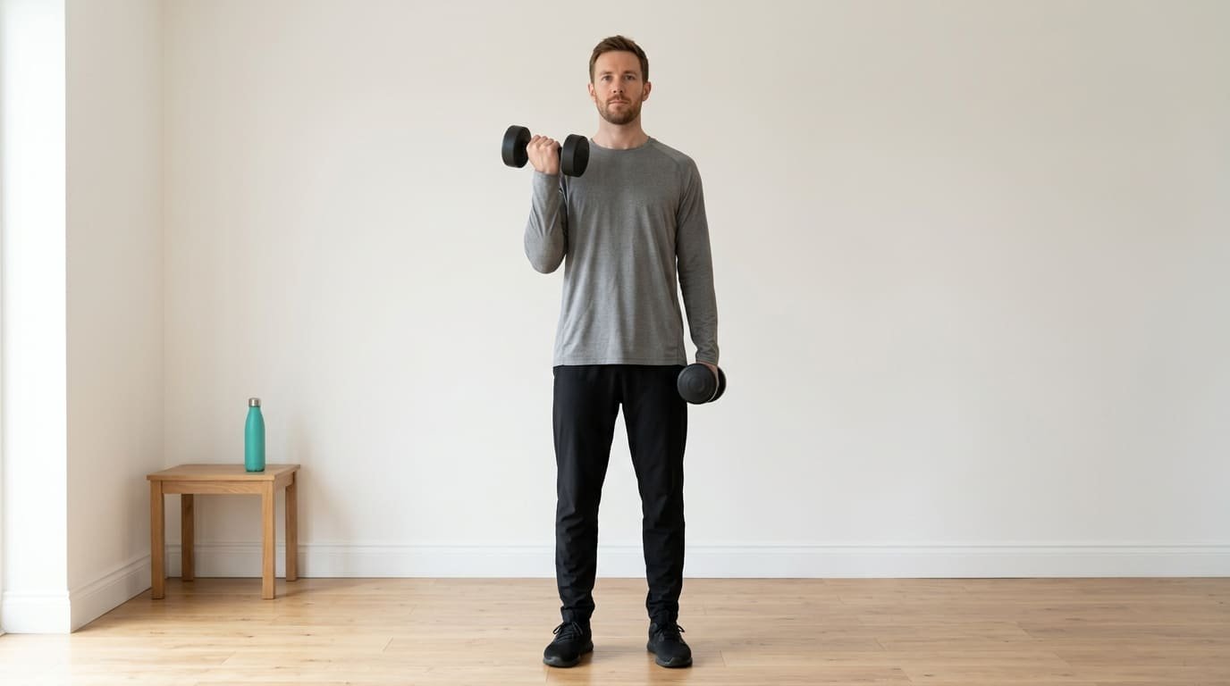 Man doing a standing dumbbell curl at home as part of a bicep and tricep workout