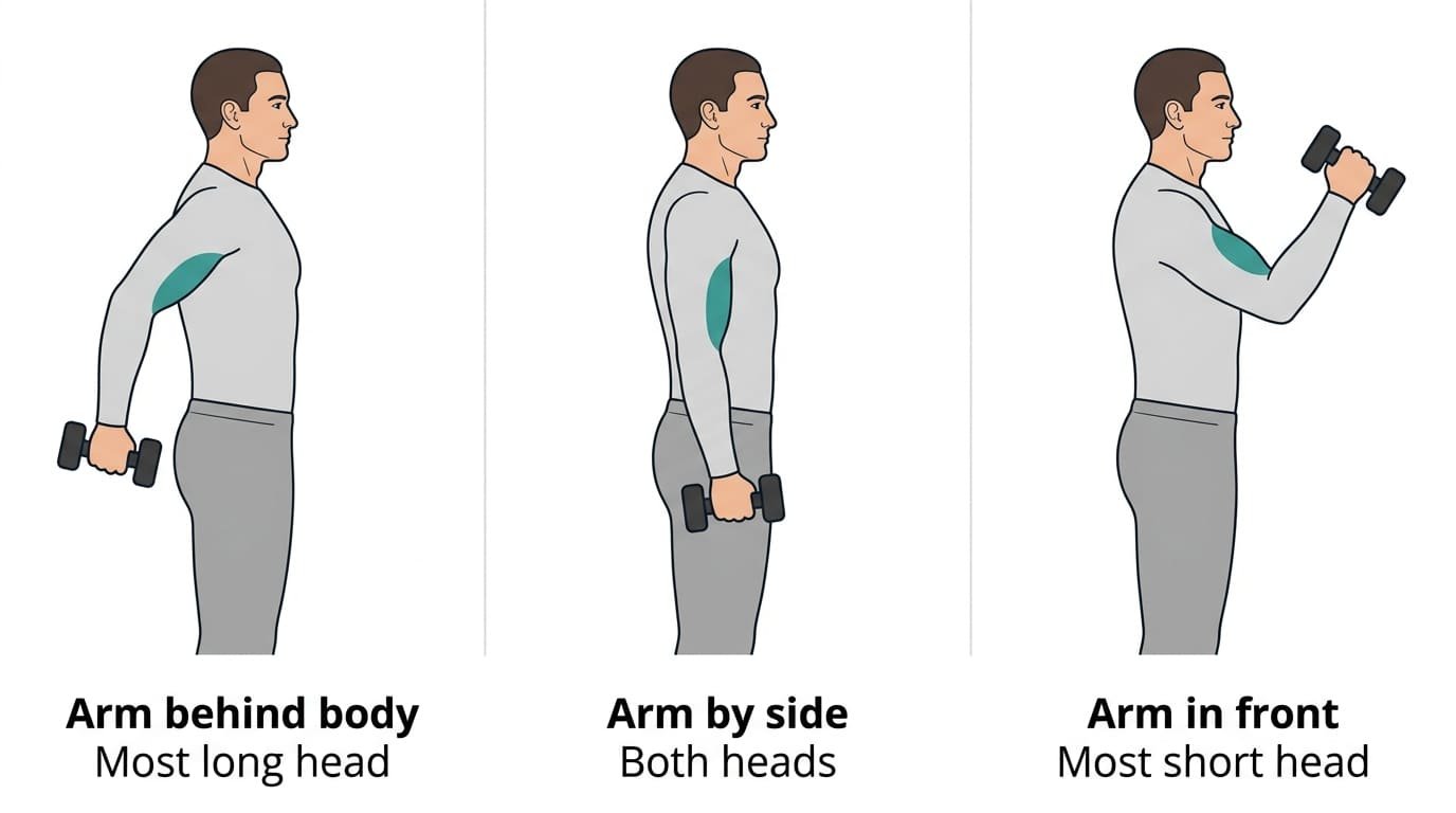 Diagram of three curl arm positions: arm behind the body for the long head, arm by the side for both heads and arm in front for the short head