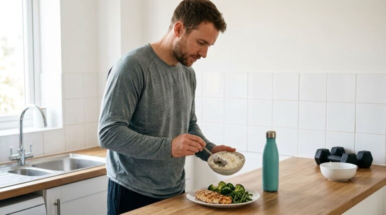 Man serving rice beside a plate of grilled chicken and vegetables at home, with a pair of dumbbells on the worktop