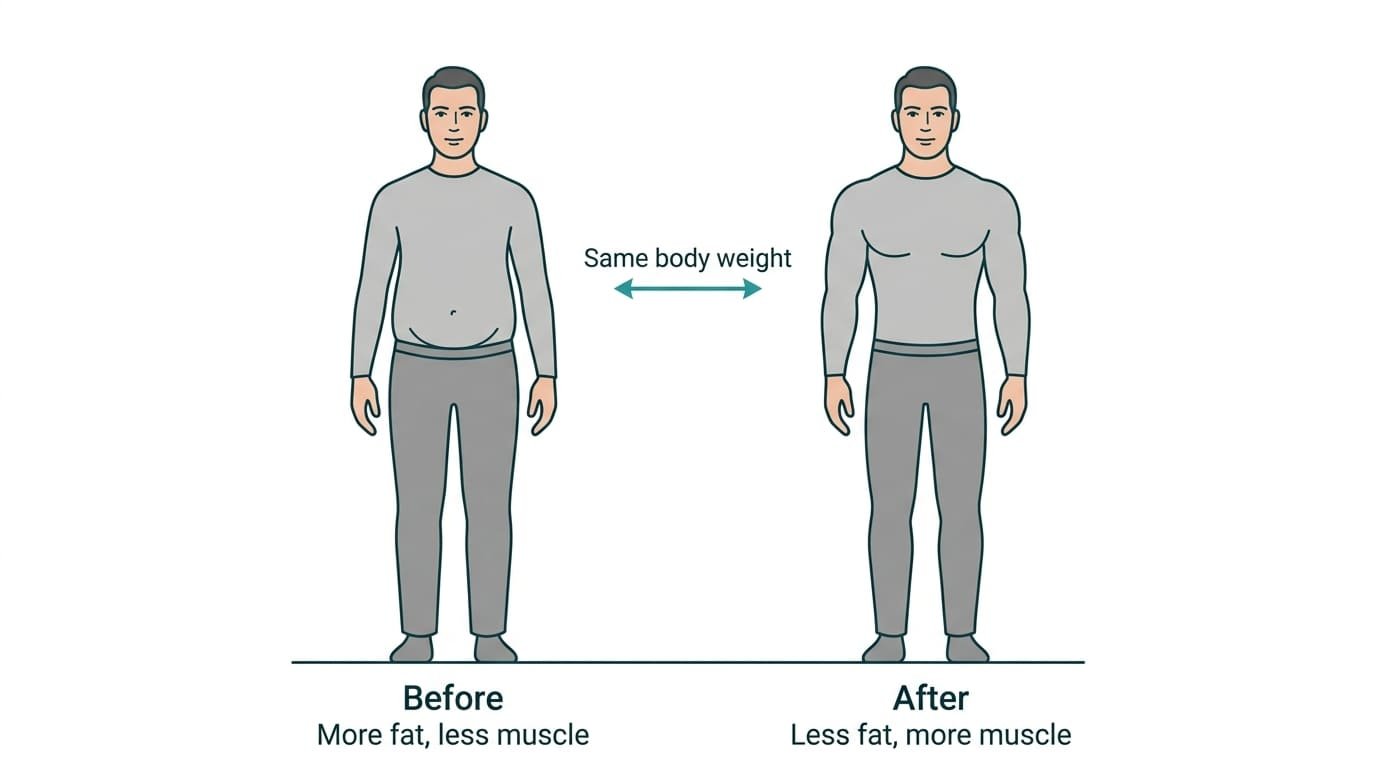 Diagram explaining body recomposition: the same body weight before and after, with less fat and more muscle
