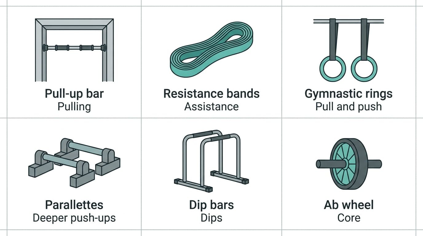 Infographic showing six pieces of bodyweight exercise equipment and what each adds: pull-up bar, resistance bands, gymnastic rings, parallettes, dip bars and ab wheel