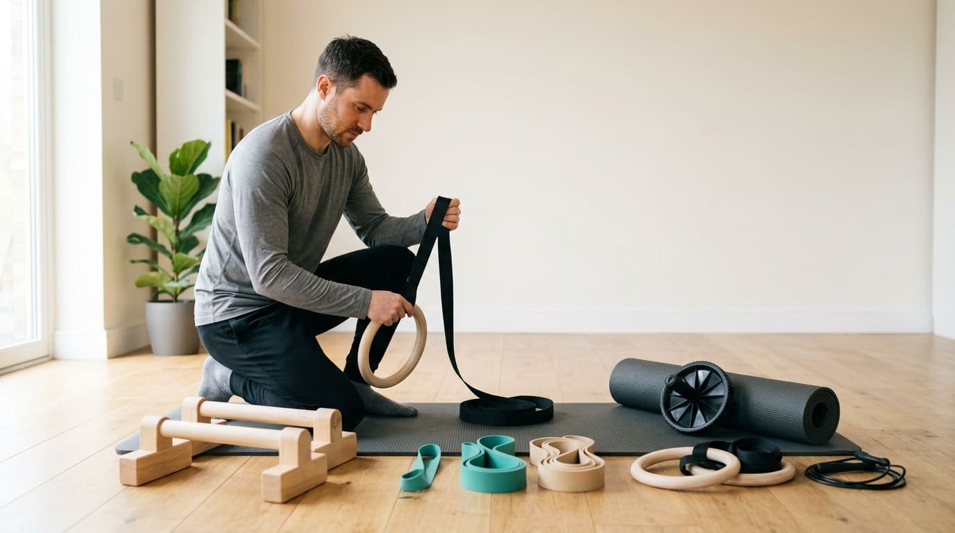 Man setting up bodyweight exercise equipment at home, including gymnastic rings, parallettes, resistance bands, a mat and an ab wheel