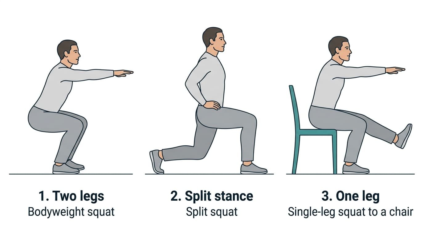 Diagram of the bodyweight squat progression from a two-leg squat to a split squat to a single-leg squat to a chair