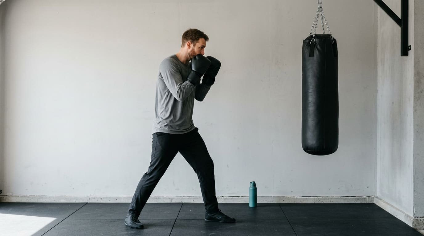 Man in a boxing stance with gloves raised in a guard, facing a heavy punching bag