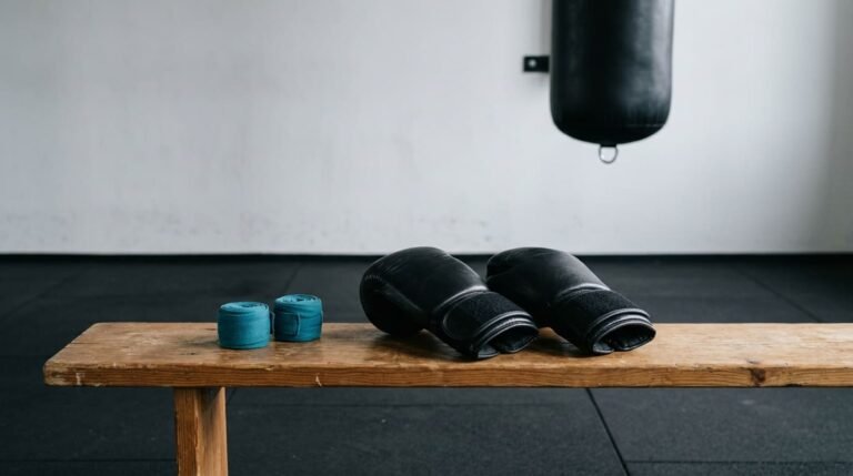 A pair of black boxing gloves and two rolled hand wraps on a wooden bench, with a punching bag in the background