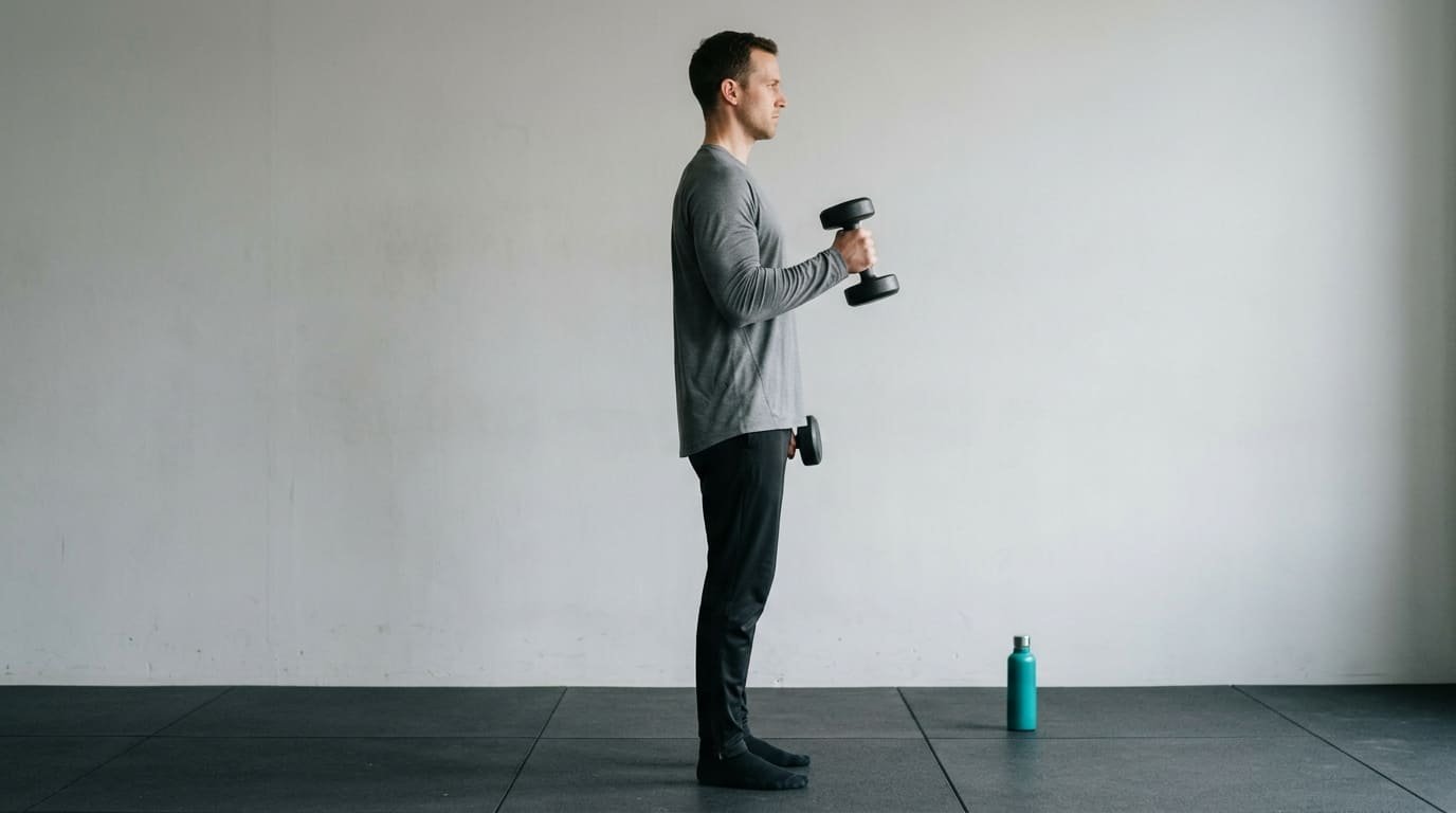Man doing a hammer curl with a dumbbell held upright, thumb on top, to train the brachialis muscle