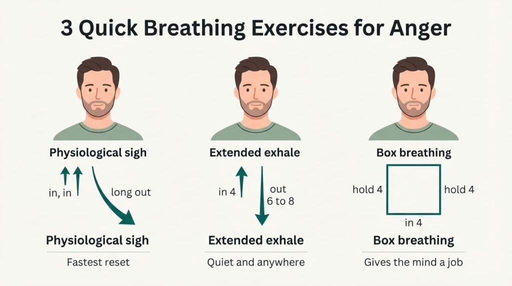 Three breathing techniques for anger: the physiological sigh, extended exhale breathing and box breathing, each with simple timing