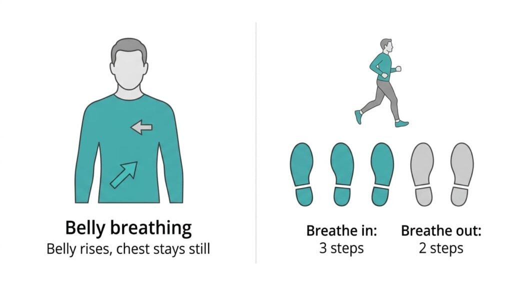 Diagram of belly breathing and a 3:2 running rhythm: breathe in for three steps and out for two