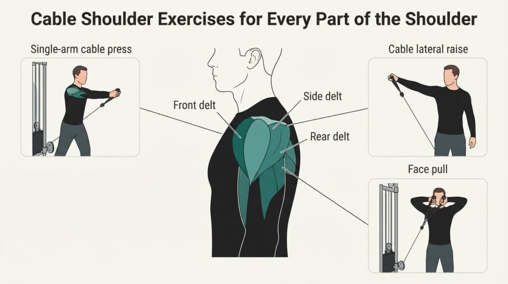 Diagram of the front, side and rear deltoids with the best cable shoulder exercise for each: cable press, cable lateral raise and face pull
