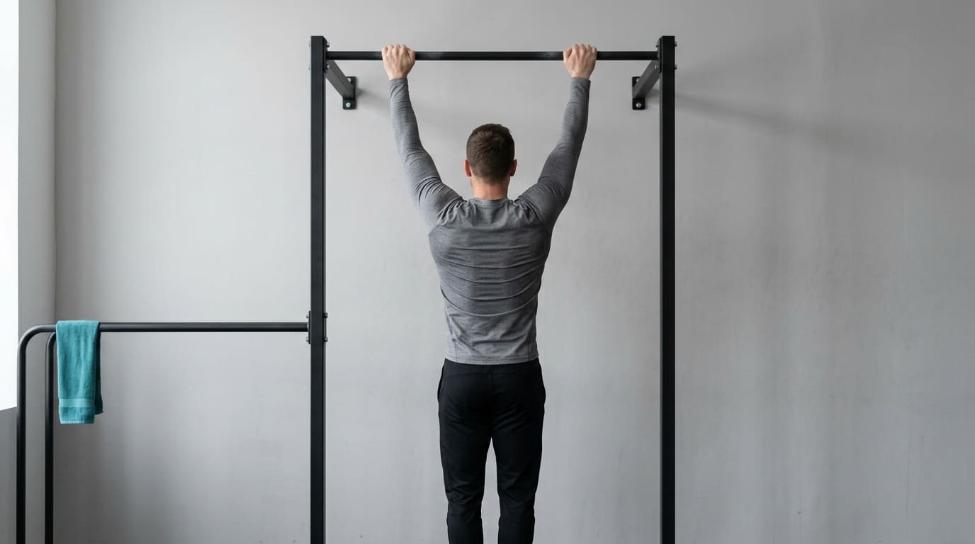 Man hanging from a pull-up bar with straight arms, seen from behind, during a calisthenics back workout